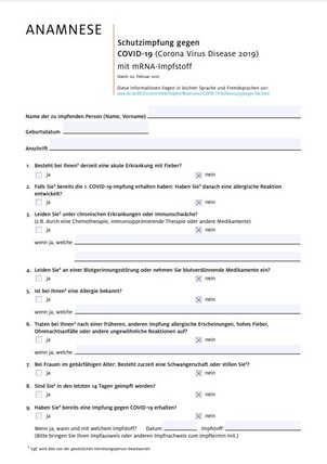 Formulare zur Schutzimpfung Covid-19 mit mRNA-Impfstoff